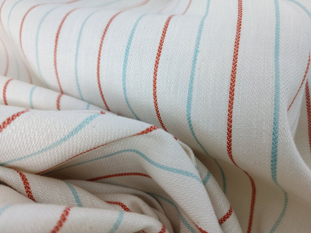 Linen Cotton Red Mint Ivory Stripe Fabric Medium Weight 2296 - The Linen Lab - Ivory