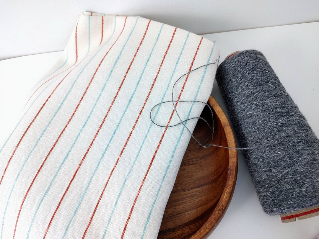 Linen Cotton Red Mint Ivory Stripe Fabric Medium Weight 2296 - The Linen Lab - Ivory