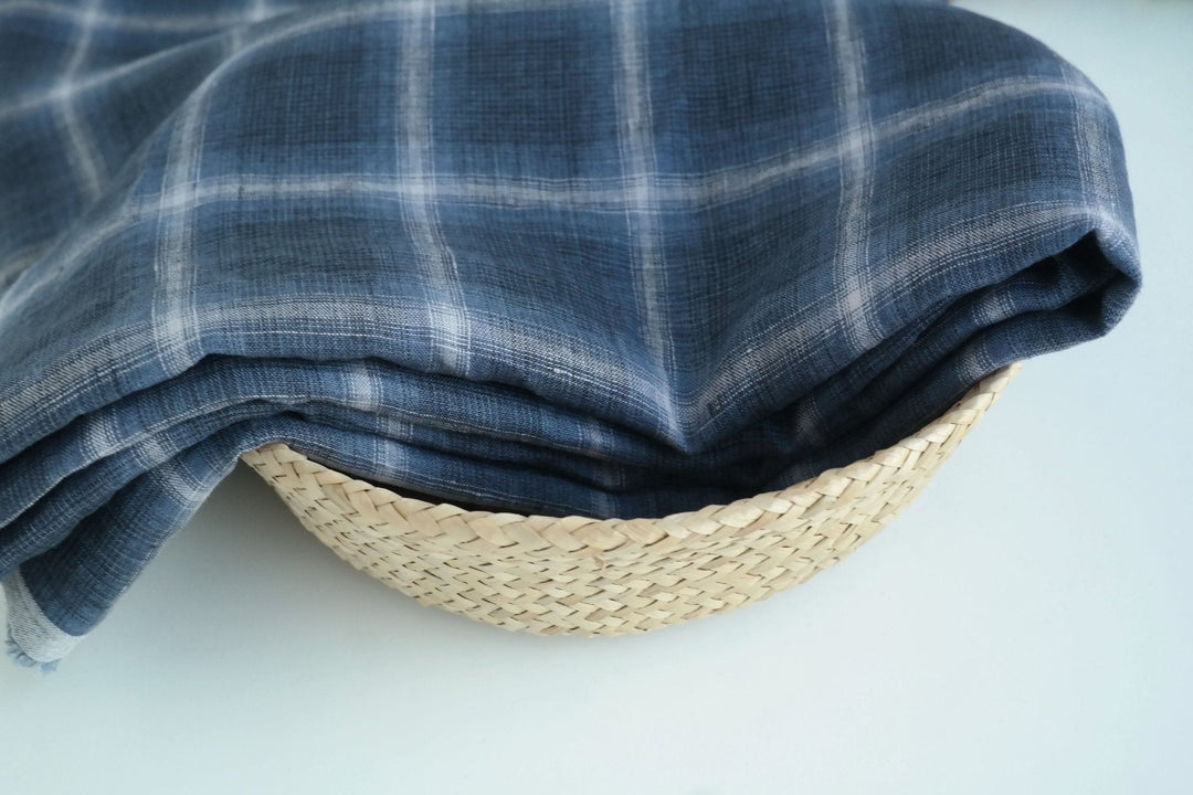 Linen Gradation Plaid Fabric (7324) - The Linen Lab - navy