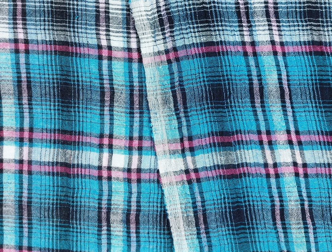 Linen Polyester Plaid Fabric with Natural Wrinkle Effect 7383 - The Linen Lab - Green