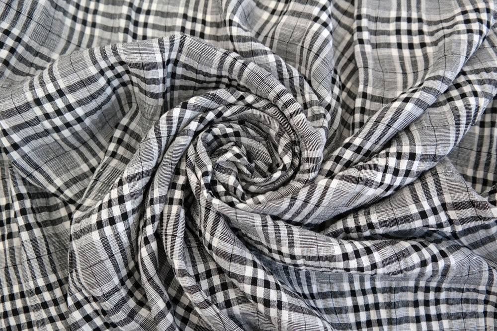 Linen Rayon Plaid Stretch Wrinkled Fabric (6713) - The Linen Lab - White and Black