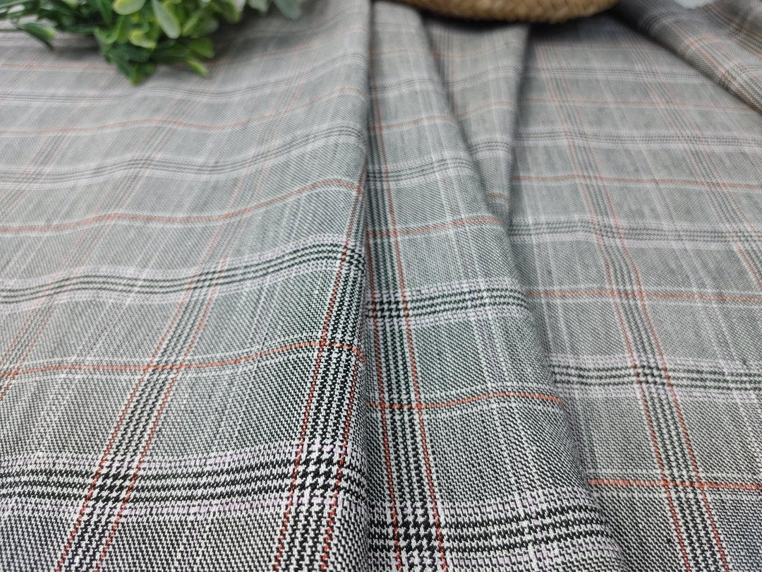 Linen Stretch Plaid Twill Fabric 6230 7828 - The Linen Lab - Pink