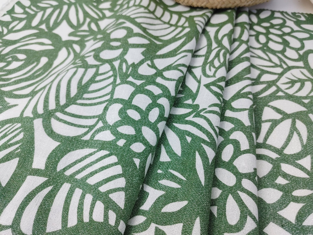 Linen Tencel Lurex Blend Fabric in Green Leaf Print 4082 - The Linen Lab - Green