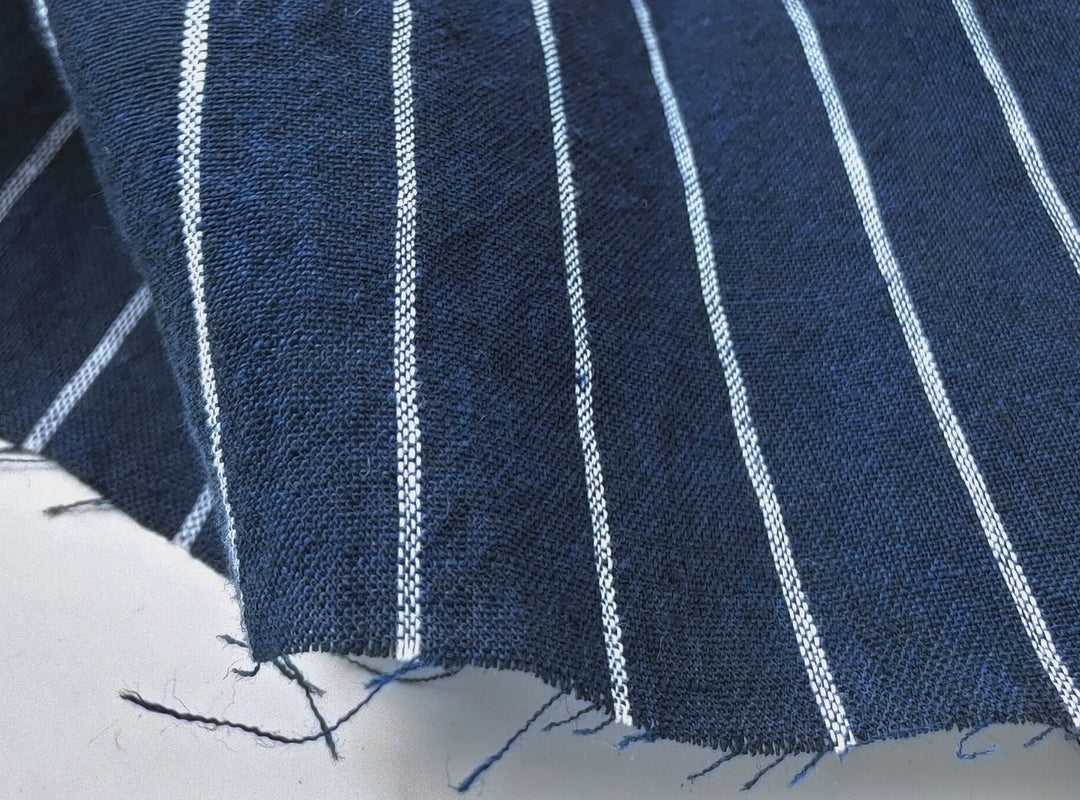 Navy Blue & White Striped Linen Fabric - 100% Natural, 21S Thread for Classic Style 7841 - The Linen Lab - Navy