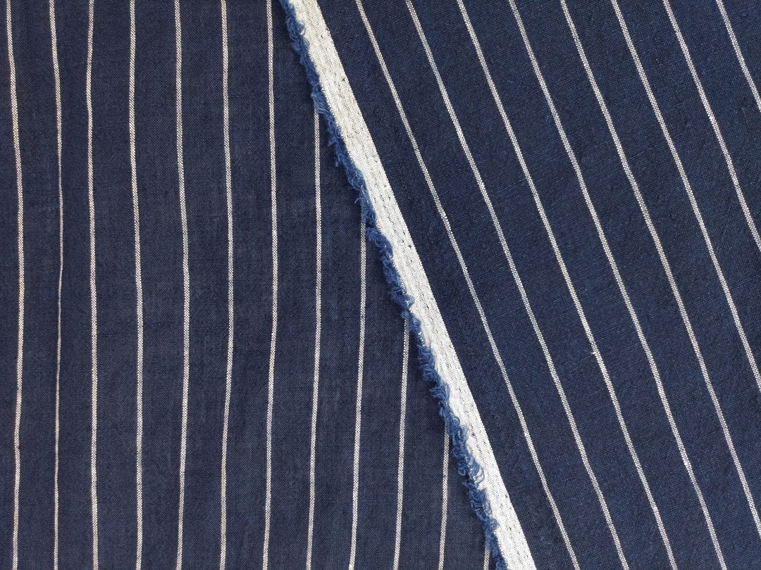 Navy Blue & White Striped Linen Fabric - 100% Natural, 21S Thread for Classic Style 7841 - The Linen Lab - Navy