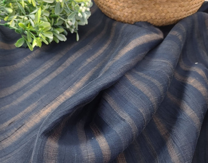 Navy Linen Nylon Fabric with Striped Print and Crease Effect 4262 - The Linen Lab - Navy