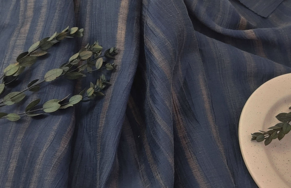 Navy Linen Nylon Fabric with Striped Print and Crease Effect 4262 - The Linen Lab - Navy
