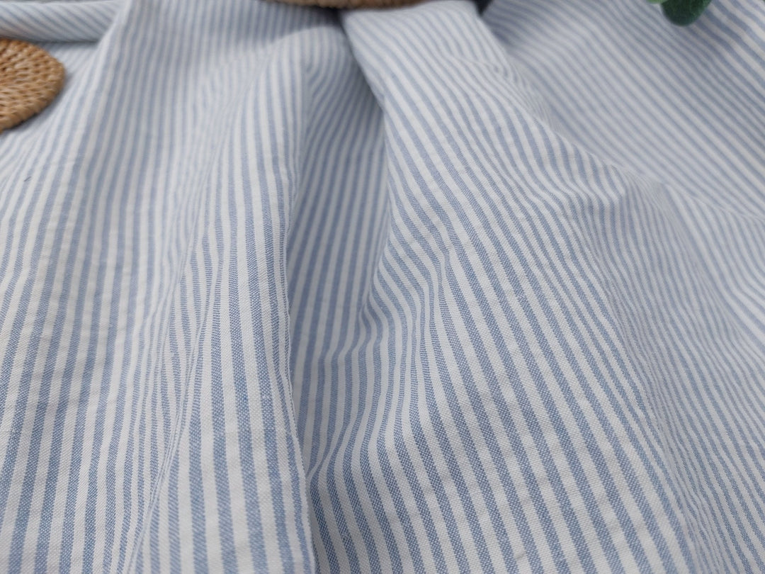 Ramie Cotton Nylon Stripe Fabric with Subtle Seersucker Effect 2444 - The Linen Lab - Blue