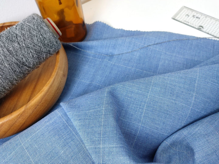 Ramie Cotton Stretch Fabric with Blue Windowpane 3346 - The Linen Lab - Blue