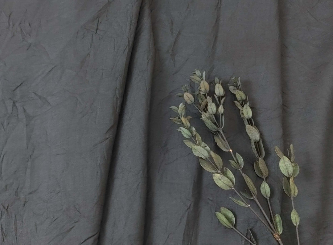 Ramie Polyester Fabric - Black Color with Crease Wrinkle Effect, Lightweight 7863 - The Linen Lab - Black