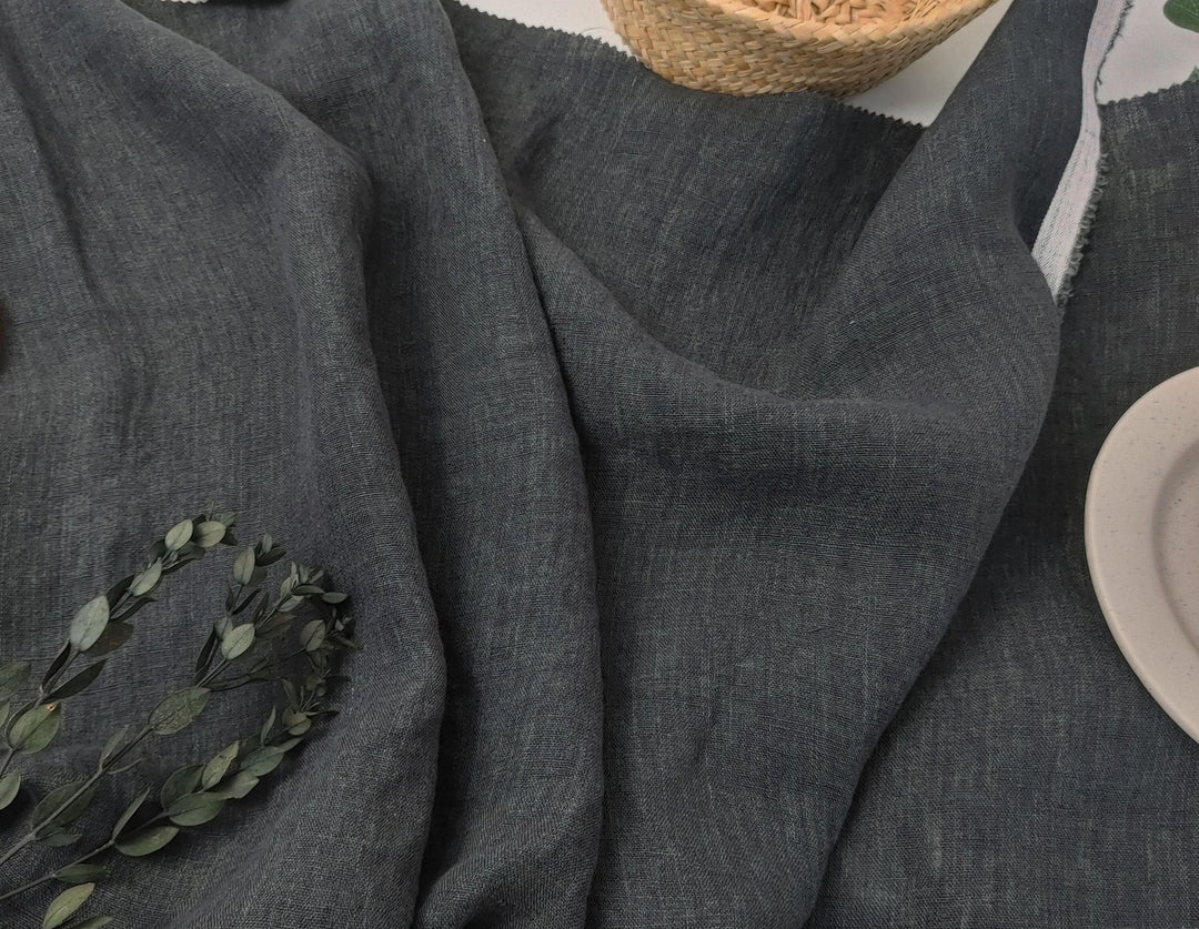 Shadow Essence: 100% Linen Dark Grey Delave Fabric 7834 - The Linen Lab - Gray(Dark)