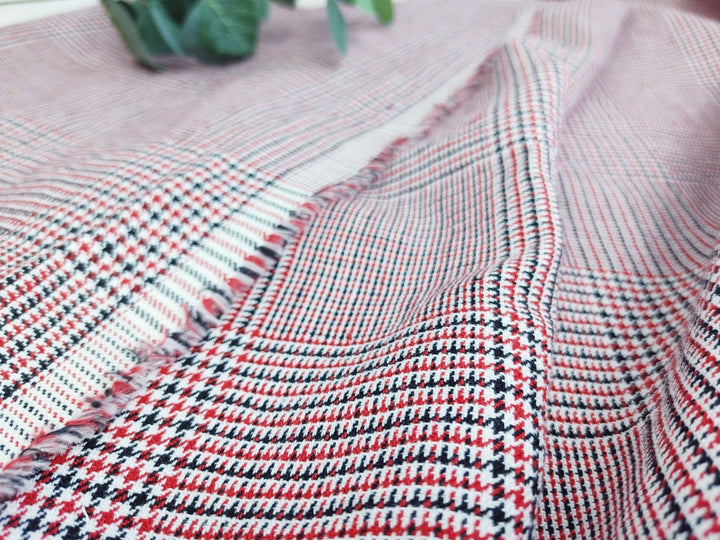 Tricolor Symphony: Linen Cotton Twill Glen Plaid in Medium Weight – White, Red, and Black 6759 - The Linen Lab - Red