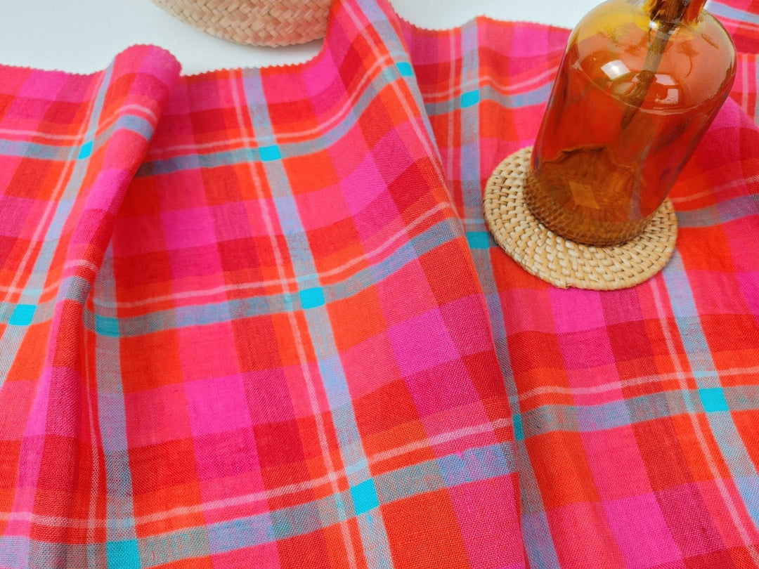 Vibrant Red Madras Plaid Linen: Medium-Light Weight 7813 - The Linen Lab - Red