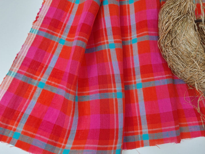 Vibrant Red Madras Plaid Linen: Medium-Light Weight 7813 - The Linen Lab - Red