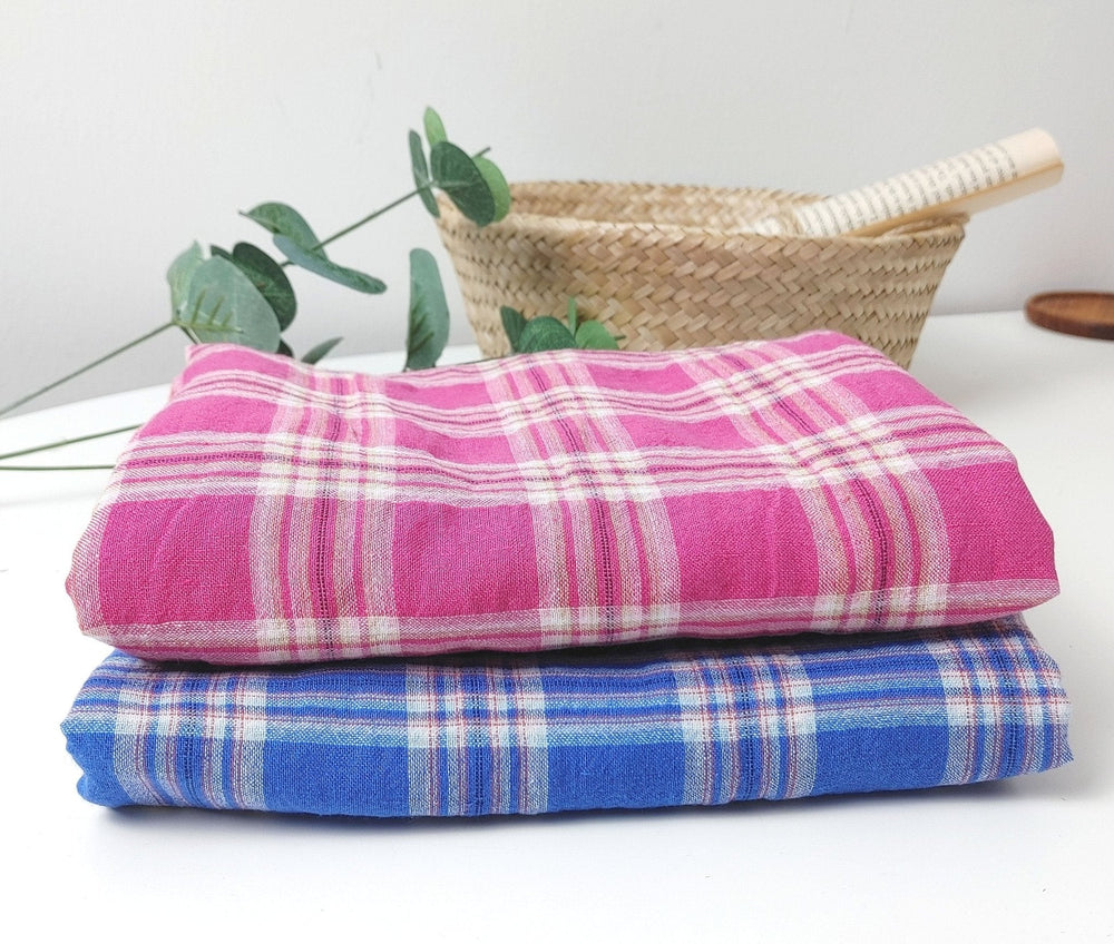 Wrinkled Plaid Fabric: Linen Cotton PU in Pink and Blue Dual Colorway 7269 7270 - The Linen Lab - Pink