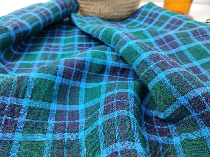 Wrinkled Tartan Fabric: Linen Cotton PU in Green, Wrinkled Effect 7360 - The Linen Lab - Green